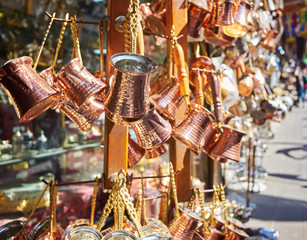 copper utensils for coffee in the bazaar