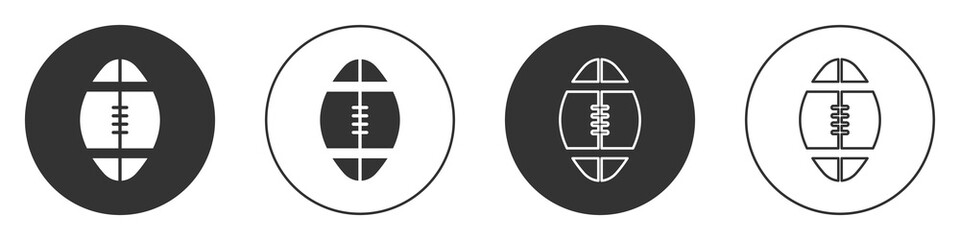 Black Rugby ball icon isolated on white background. Circle button. Vector Illustration