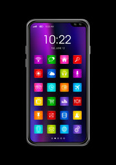 All screen smartphone with colorful icon set isolated on black. 3D render