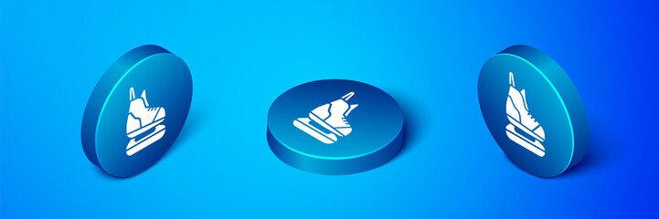 Isometric Skates icon isolated on blue background. Ice skate shoes icon. Sport boots with blades. Blue circle button. Vector Illustration