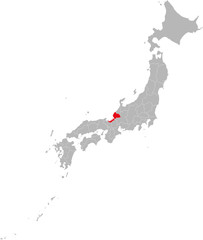 Fukui province highlighted red on Japan map. Gray background. Business concepts and backgrounds.