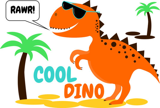 Cool dinosaur print. Vector template for design T-shirts. Fashion graphic for apparel. Character image dino for children's magazines and preschool institutions. Dinosaur in fashionable sunglasses. 