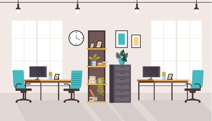 Office workstation furniture interior concept. Vector flat graphic design cartoon illustration
