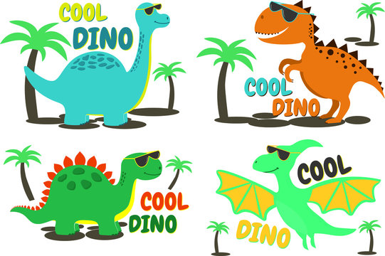 Set of cool dinosaurs for print. Adult, baby, egg. Vector template for design T-shirts. Fashion graphic for apparel. Character image dino for children's magazines and preschool institutions. Dinosaur