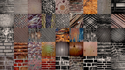 Set of cracked concrete, wooden planks, rusted metal, rope, fabric, brick texture.