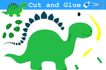 Education paper game for preschool children. Cartoon funny dinosaur. Use scissors and glue to create the image.