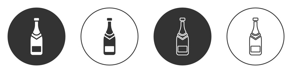 Black Champagne bottle icon isolated on white background. Circle button. Vector Illustration