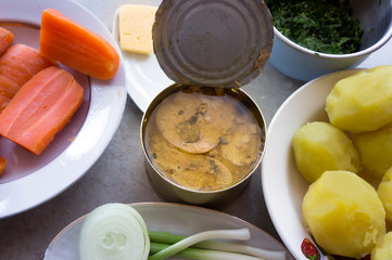 Ingredients for making a salad based on canned fish