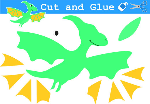 Education paper game for preschool children. Cartoon funny dinosaur. Use scissors and glue to create the image.