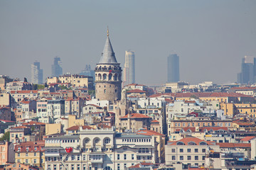 istanbul,turkey galata tower,cityscape and istanbul view from suleymaniye mosque's garden in istanbul with historical and modern buildings.