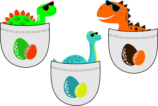 Set of funny dinosaurs in pockets for print. Vector template for design T-shirts. Fashion graphic for apparel. Character image dino for children's magazines and preschool institutions. Dinosaur