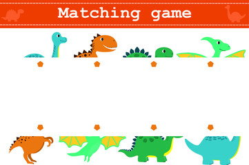 Educational matching  game for preschool children  with funny dinosaurs. Vector illustration for children's magazines and preschool institutions
