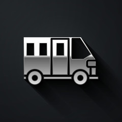 Silver School Bus icon isolated on black background. Public transportation symbol. Long shadow style. Vector Illustration