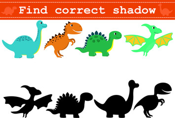 Educational game for preschool children "Find the correct shadow" with funny dinosaurs. Vector illustration for children's magazines and preschool institutions
