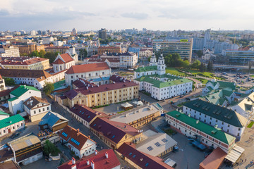 Obraz premium MINSK, BELARUS - JULY 2019: Aerial view on a Trinity suburb - old historic centre, and Minsk city, Minsk, Belarus.