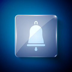 White Ringing bell icon isolated on blue background. Alarm symbol, service bell, handbell sign, notification symbol. Square glass panels. Vector Illustration