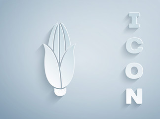 Paper cut Corn icon isolated on grey background. Paper art style. Vector Illustration