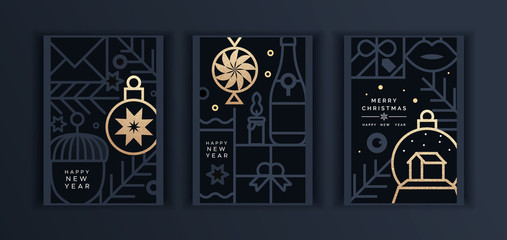 Happy Christmas happy New year greeting card set of luxury gold holiday decorations in abstract contour art style. Includes a balloon, confetti, and a Christmas glass balloon. The vertical format 