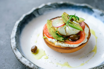 avocado and burrata sandwich, vegan food, healthy breakfast