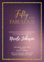 Fifty and Fabulous. Birthday party vector printable invitation card with golden glitter elements.