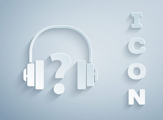 Paper cut Headphones icon isolated on grey background. Support customer service, hotline, call center, faq, maintenance. Paper art style. Vector Illustration