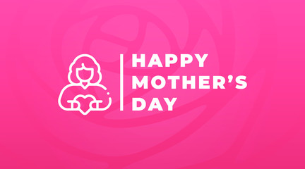 Happy mother's day modern gift card, banner, sign, design concept with white text, and a mother icon on a pink background. 
