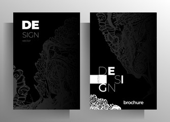 Cover for book, magazine, brochure, catalog template set. Black and white design with hand-drawn textural elements. A4 format. Vector 10 EPS.