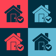 Pop art House with check mark icon isolated on color background. Real estate agency or cottage town elite class.  Vector Illustration