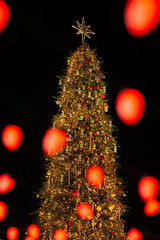 Kiev, Ukraine. Night. Central Christmas tree in the city. Blurry lights in the foreground. Vertical frame. Soft focus