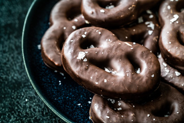 Dark Bitter Chocolate Covered Pretzels with Sea Salt.