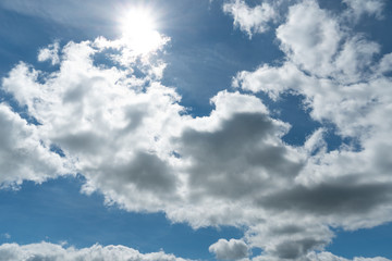 Fototapeta na wymiar Blue clouds in the sky. Warm sunny day.