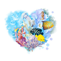 Abstract heart of a blue water with air bubbles, underwater reef with seaweed, coral, seahorse, emperor angelfish, blue-ringed angelfish, yellow tang and jellyfish. Watercolor.