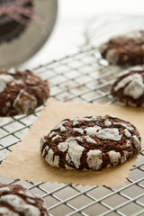 Fresh homemade gourmet cookies dark chocolate flavour, with sugar topping, natural looking, on white clear background for breakfast, dessert recipe, close-up view