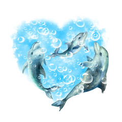 Abstract heart of a blue water with air bubbles and funny dolphins family on a white background, hand drawn watercolor.