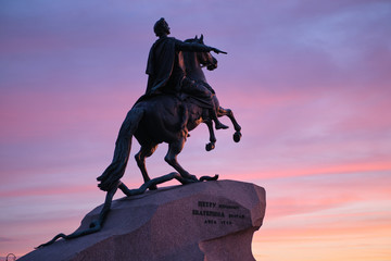 Statue of Peter Great, silhouetted against the sunset. St. Petersburg, Russia.
