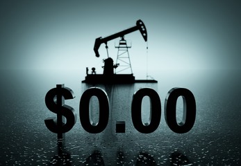 Oil prices collapse and goes to zero, conceptual image with oil pump rig in background 3D render