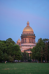 Naklejka premium St. Petersburg. Russia. Fog over Petersburg. St. Isaac's Cathedral from the Neva River. Museums of Petersburg. Architecture of Russia. Poster of St. Petersburg.