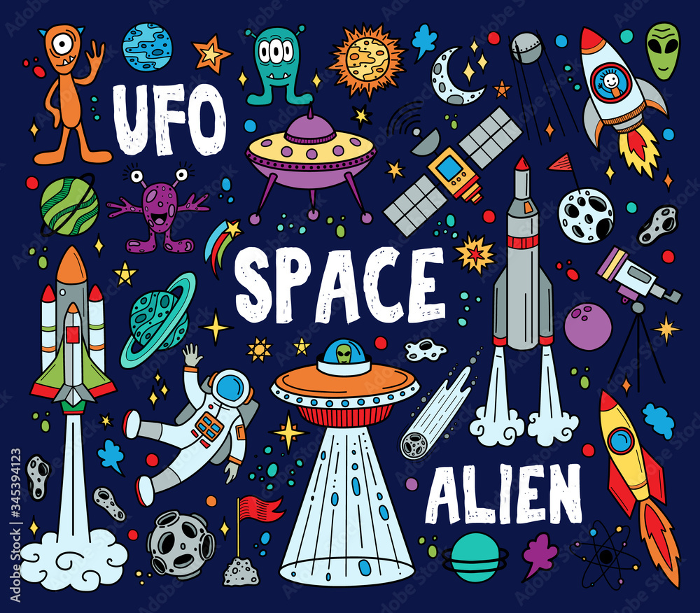 Wall mural hand drawn doodles cartoon set of space objects and symbols. color doodle space elements on dark blu