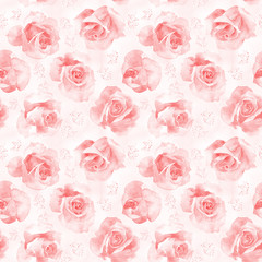 Watercolor botanical seamless background, pink roses pattern