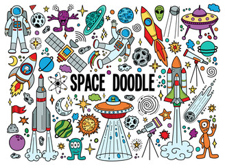 Hand drawn doodles cartoon set of space objects and symbols. Color doodle space elements on white background. Vector illustration. © Valeriia