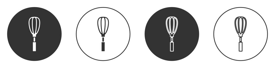 Black Kitchen whisk icon isolated on white background. Cooking utensil, egg beater. Cutlery sign. Food mix symbol. Circle button. Vector Illustration