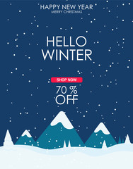 Fototapeta na wymiar Hello winter, merry christmas, celebration card, snow background, shop now, sale banner, snowflake vector illustration