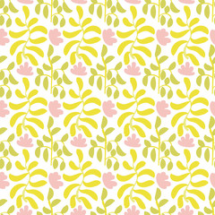 Simple botanical ornament in sunny colors seamless vector pattern. Springtime girly surface print design. For fabrics, stationery and packaging.