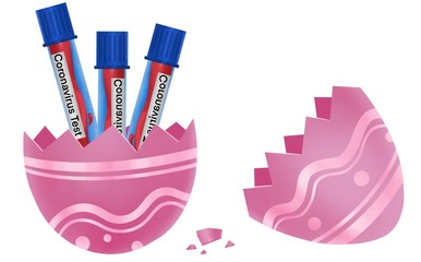 Easter eggs with coronavirus  covid 19  blood test tube inside on white background, virus infections prevention and protection concept, 3d illustration