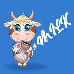 Cute cartoon cow, bull with a jug of milk, symbol 2021 on the eastern calendar
