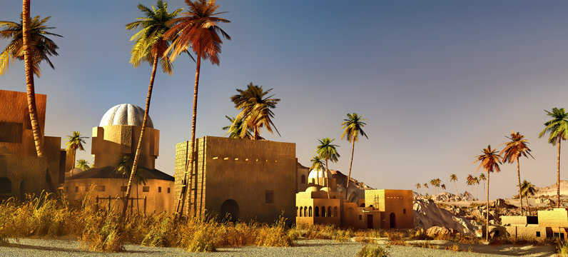 Arabic small town on desert, 3d rendering