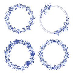 Vector round frame of blue watercolor roses and berries. Illustration wreath of flowers. Can be used as a greeting card for background of Valentine's day, birthday, mother's day and so on. Monochrome.