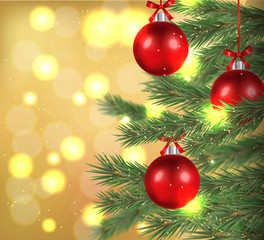 Merry Christmas, hello winter, realistic red ball and green fir, lights banner, celebration decoration, winter holiday, vector illustration