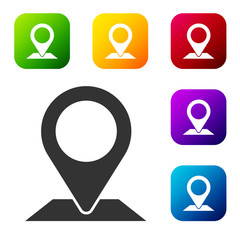 Black Map pin icon isolated on white background. Navigation, pointer, location, map, gps, direction, place, compass, search concept. Set icons in color square buttons. Vector Illustration