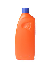 Orange plastic bottle with cleaning and sanitizer, blank, isolate on a white background